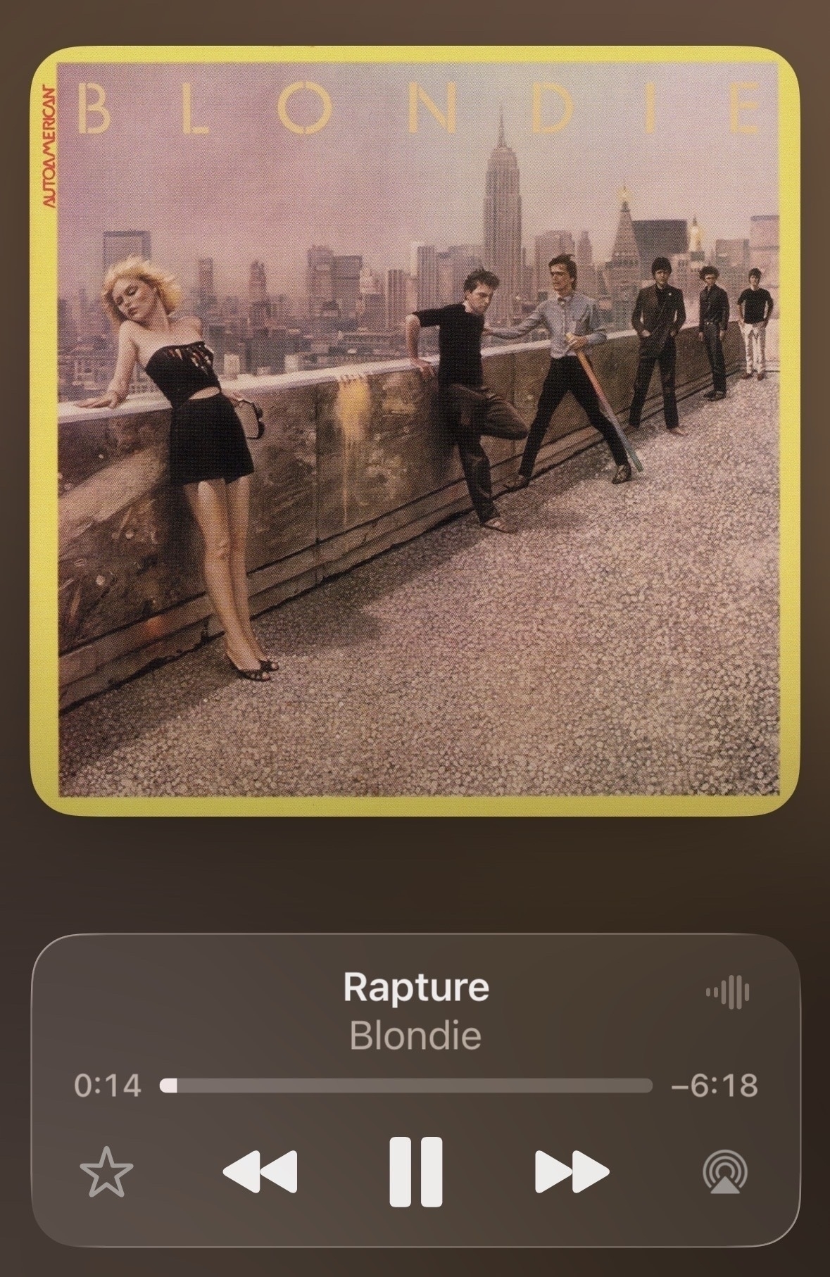 Lock screen widget showing “Rapture” by Blondie playing. 