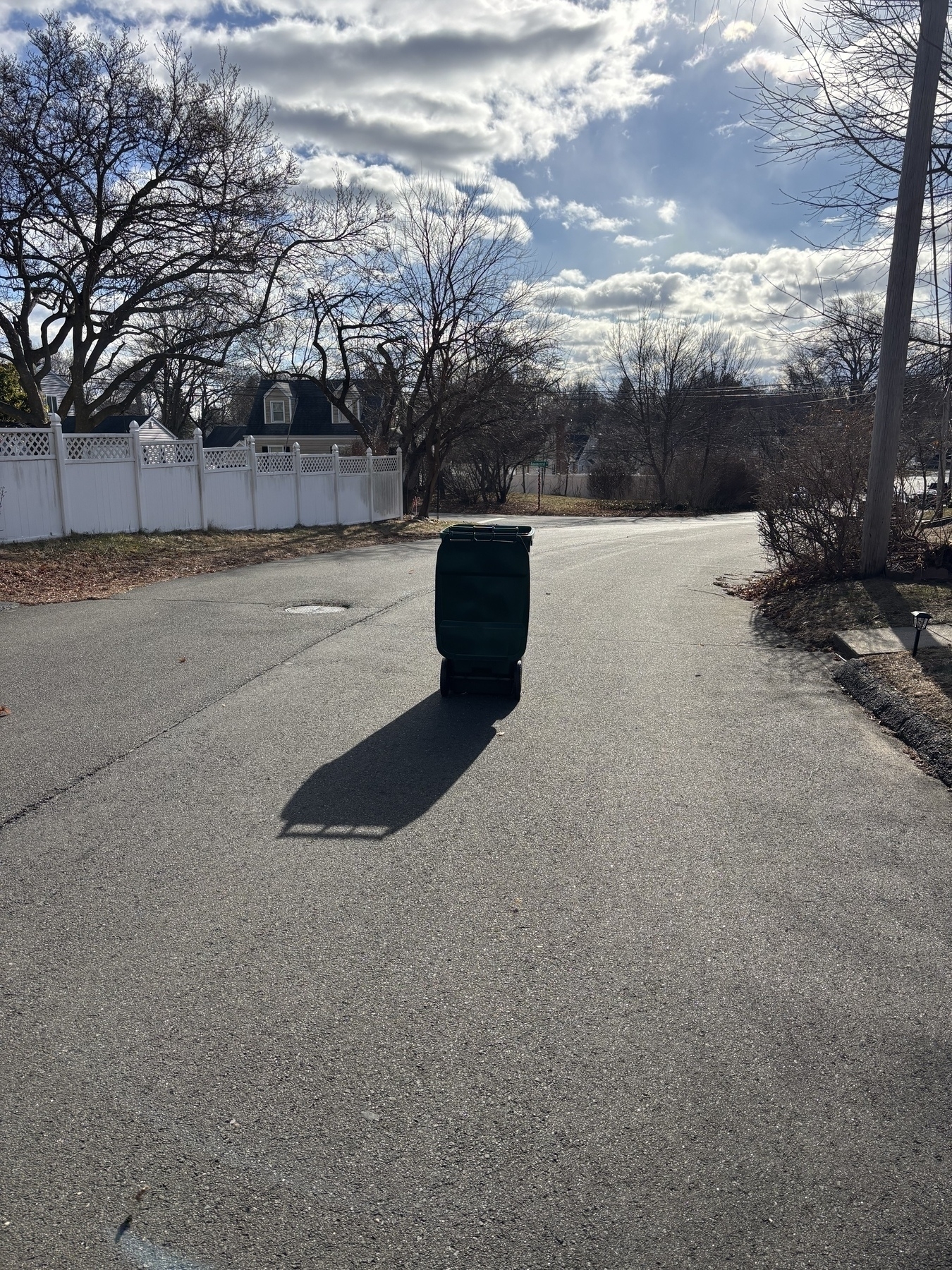 A garbage can in silhouette in the middle of the street. 